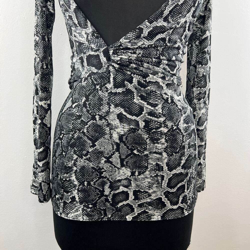 SKY White Black Deep Cut Blouse Top Snake Print Ruched Long Sleeve Size S Small - Picture 3 of 8